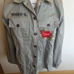 Rodeo Q Women's Utility Jacket in Gray with Red Rose Embroidery